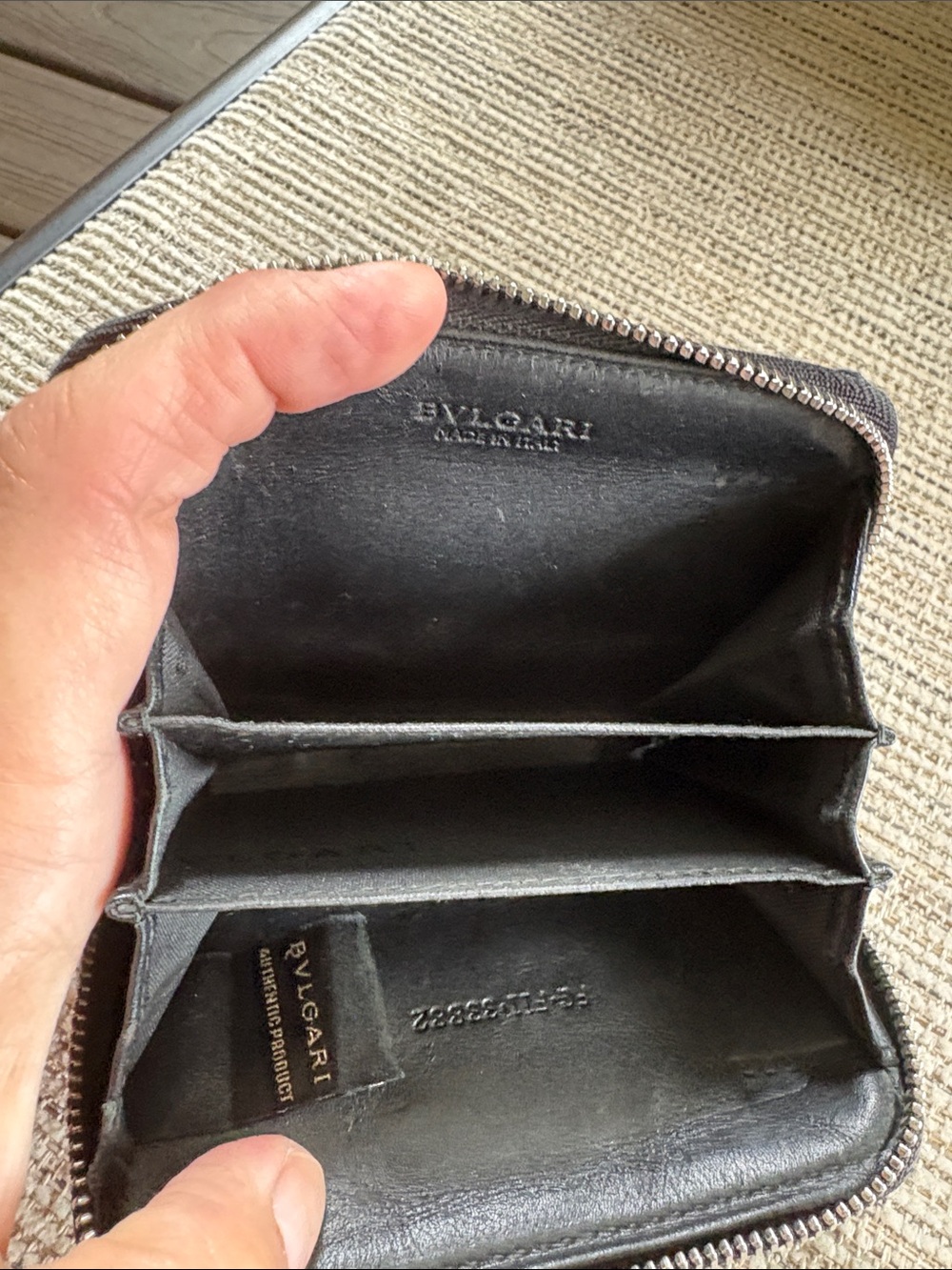Authentic BVLGARI Herringbone Compact Zip Around Wallet Coin Purse Black Gray - Picture 8 of 11